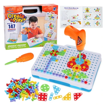147Pcs DIY Parafuso da Perfuração do Criativo de Mosaico, Quebra-cabeça de Brinquedos Para Crianças Tijolos para Construção Crianças Broca Elétrica do Conjunto de Meninos Brinquedo Educativo