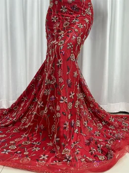 A moda 3D Flor Africana Tecido de Renda 5 Metros Bordado de Alta Qualidade Frisada Lace Tulle Nigeriano Casamento Tecidos de Luxo jy231