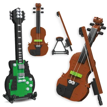 Criativo Instrumento Musical: Violino, Guitarra Elétrica Modelo de Blocos de Construção MOC Música Faz Tijolos DIY Brinquedos Educativos Criança Presente
