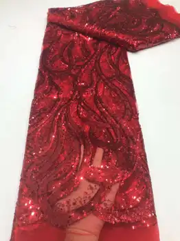 Novo Ouro Vermelho Linha de Tecido de Organza Material do Laço 2023 Desenho da Onda de Lantejoulas de Tule francês Líquida de Renda para os DIY de Costura das Mulheres vestido Vestido