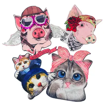 Paetês Bordados Animal Europeia Estação Primavera Verão T-shirt de desenhos animados Tecido Adesivo Porquinho Impressão de Manga Curta de Impressão Digital