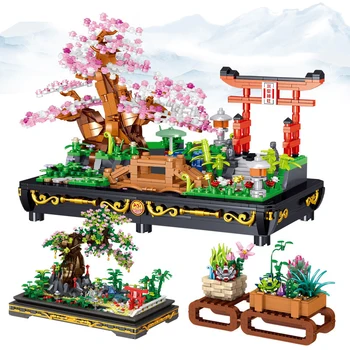 Simulação De Bonsai De Plantas Suculentas Sakura Flor Em Vaso De Mini Construção De Blocos De Rua Da Cidade De Exibição De Árvore De Flor De Tijolos Brinquedos Presentes
