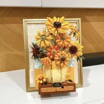 Van Gogh Girassol Flores Bouquet Quadro de Imagem do Bloco de Construção Diy, Decoração a luz de Tijolos de Brinquedos Para Crianças Meninas Presentes